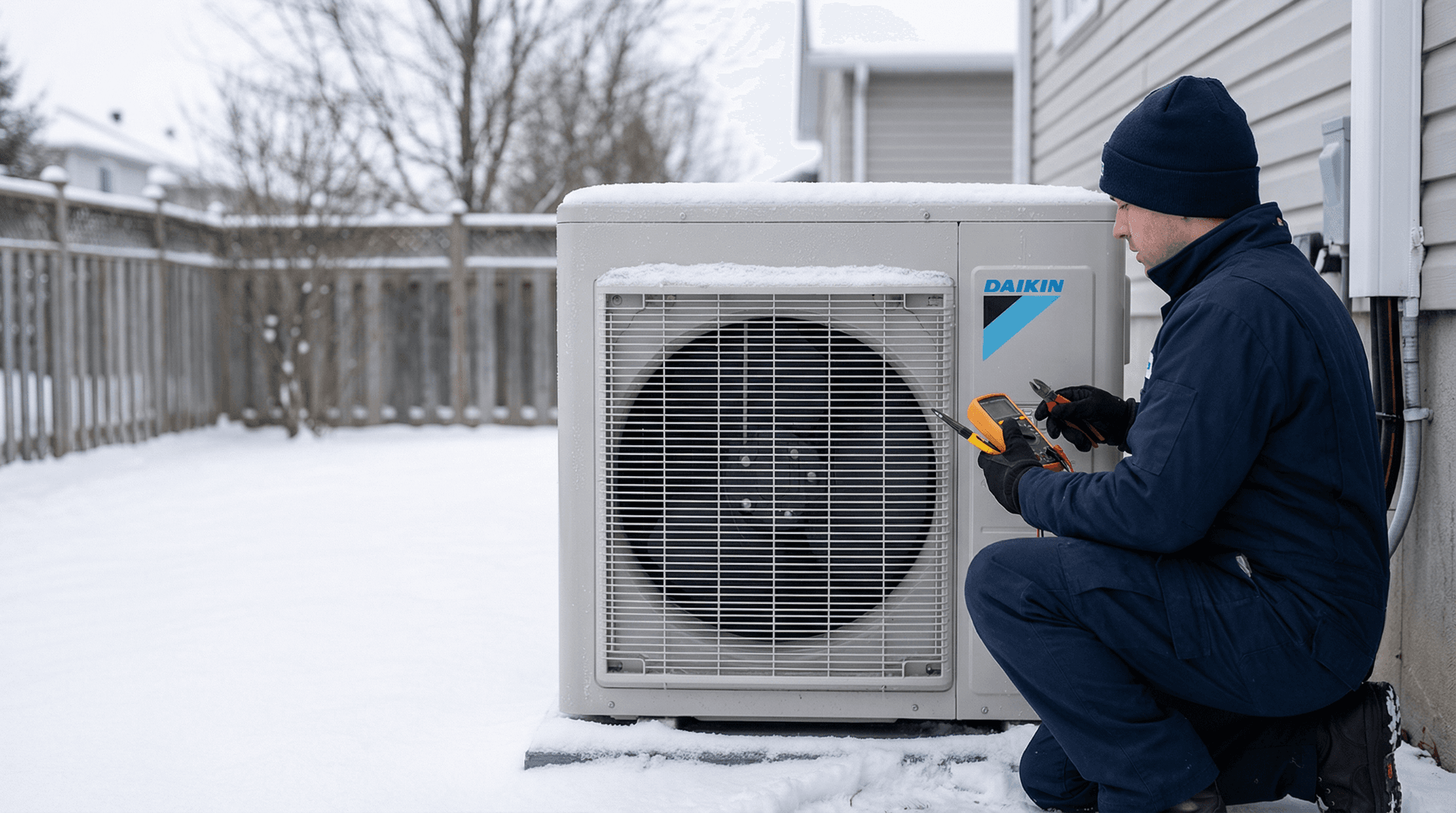Daikin cold-climate heat pump outdoor unit being serviced in winter