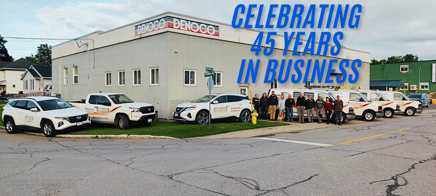 Denoco service van and Daikin heat pump at an Eastern Ontario home in winter